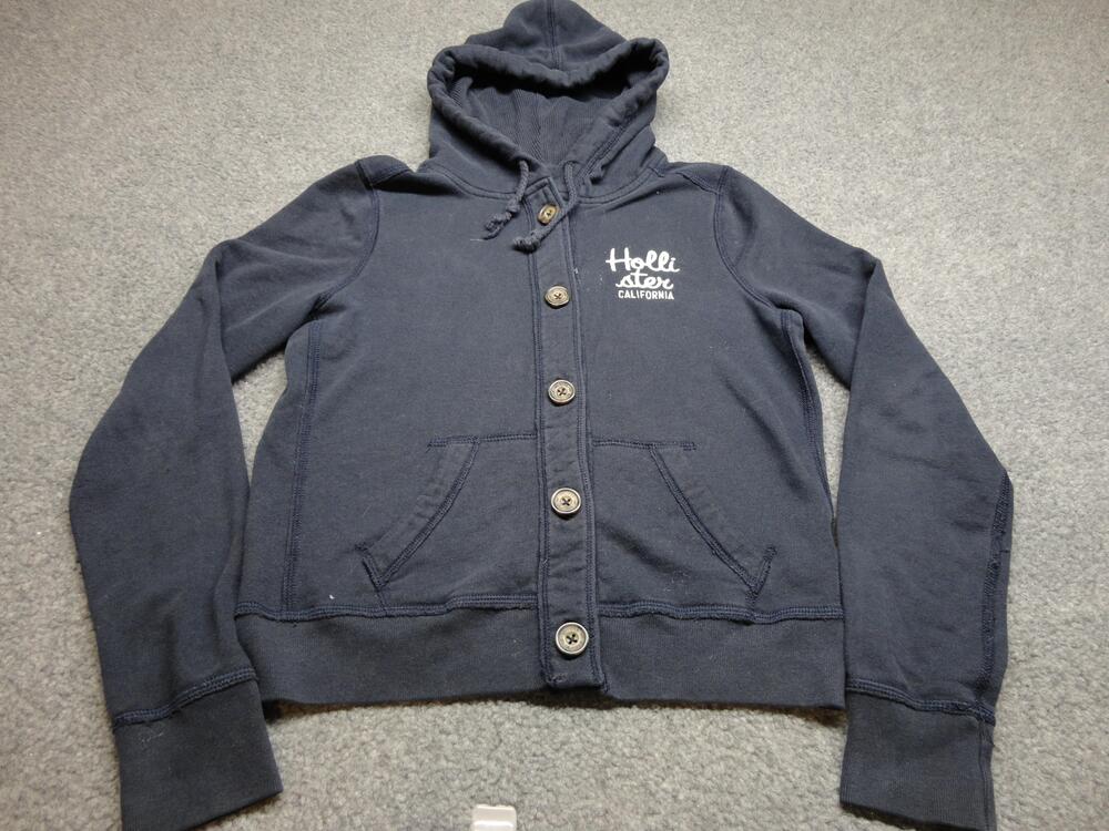 Hollister Hoodie Womens Medium Blue Button Front Fleece Cardigan Sweatshirt Logo